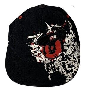 Disney Parks Youth Black Angry Mickey Mouse Stretch Fit Hat Cap Graffiti Black